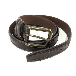 Genuine leather dress belt men's 38-42 brown brass buckle stitch accent
